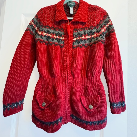 Ralph Lauren Sweaters - Ralph Lauren Sweater Cardigan 100%Wool Red Exclusive Hand Knit Fair Isle M